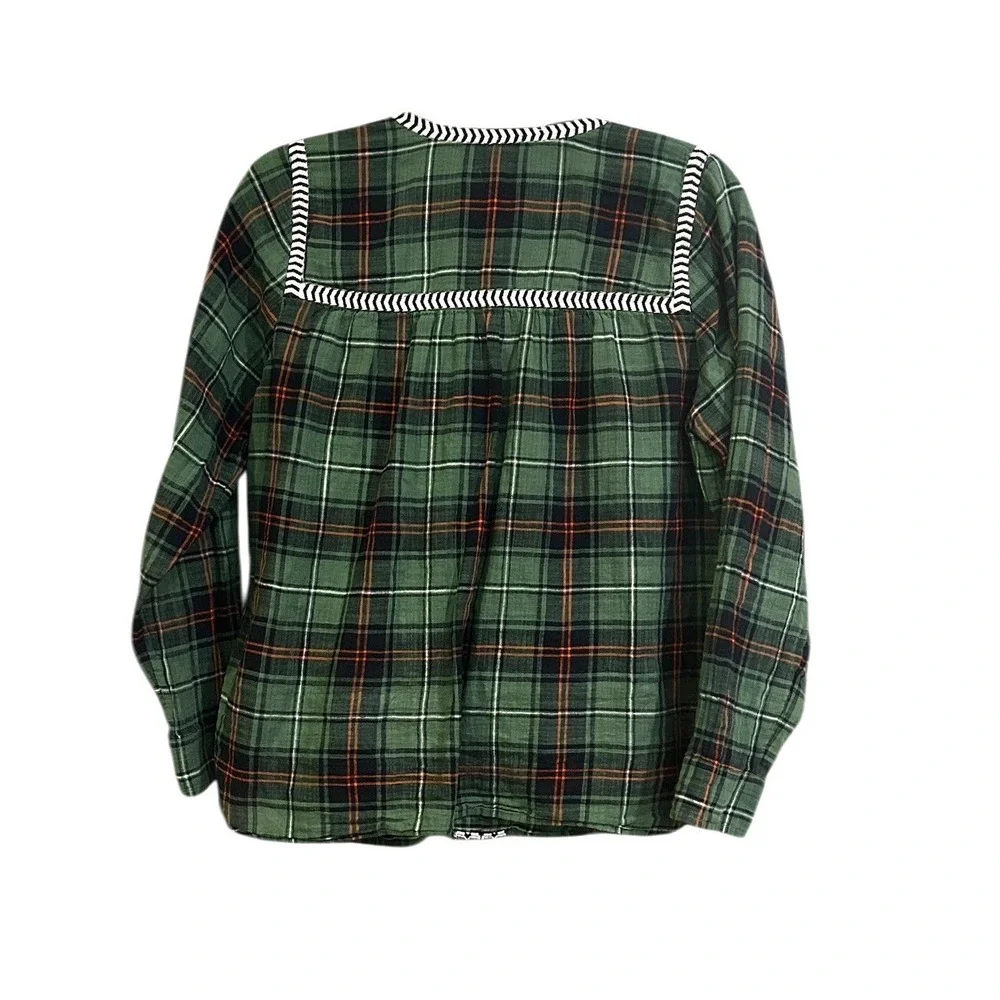 J.Crew Green‎ Plaid Madras Peasant Top Cotton Flowy Split Neck Sz 6 Cottagecore - Picture 4 of 7